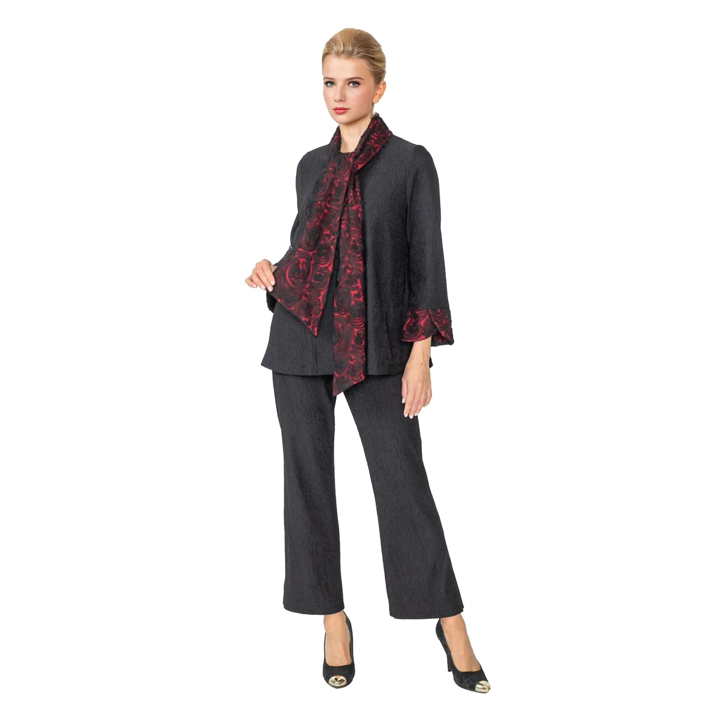 IC Collection Lace Trim Scarf Jacket in Red/Black - 6939J-RD