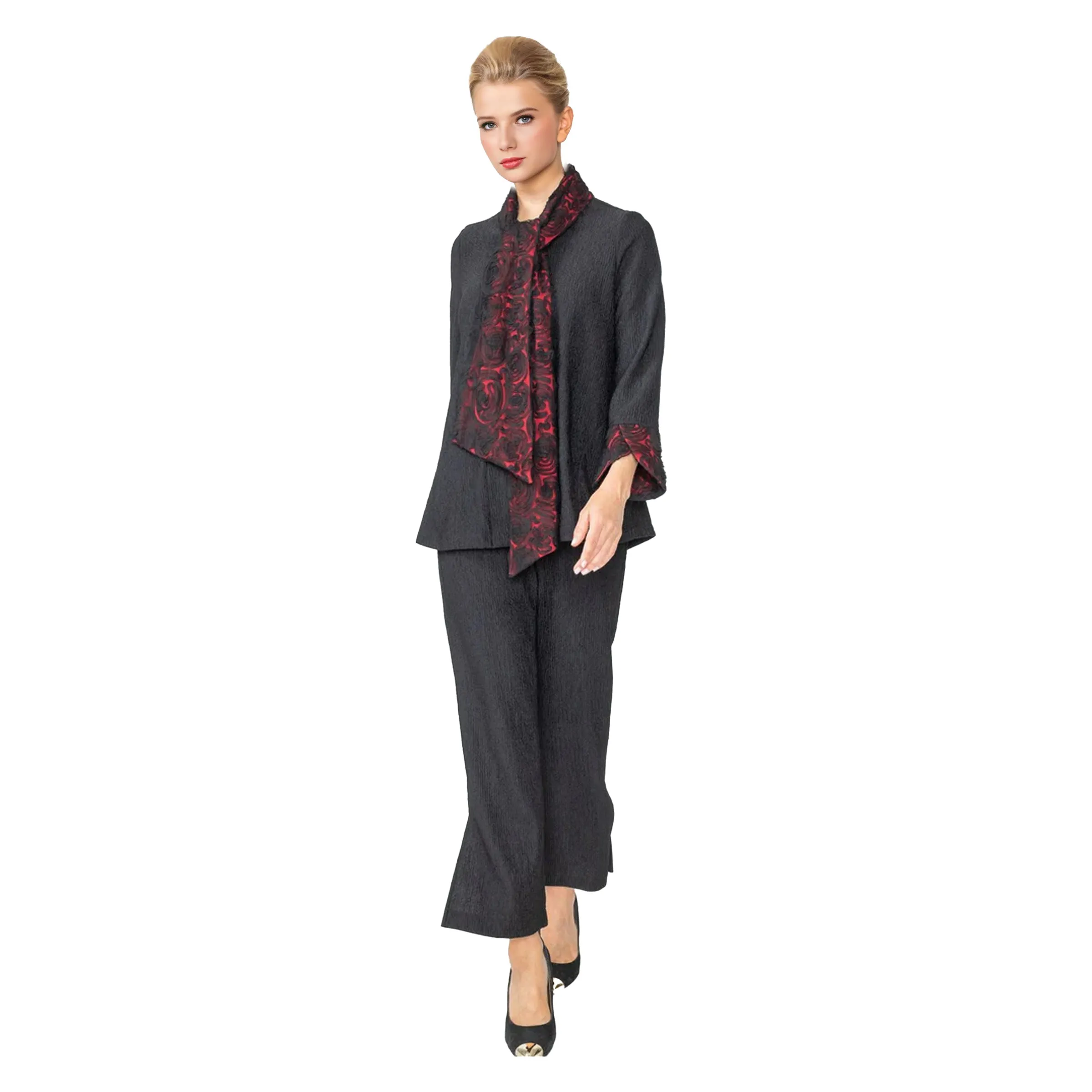IC Collection Lace Trim Scarf Jacket in Red/Black - 6939J-RD