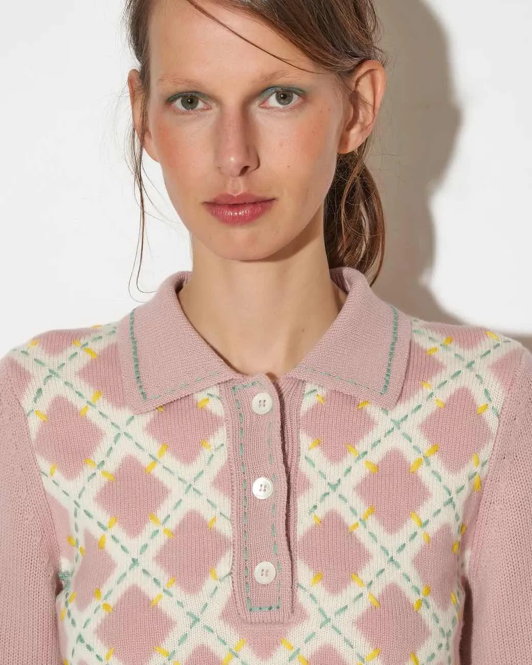 Paul & Joe Women's Glasgow Hand-embroidered Intarsia Knit Polo Sweater in Pink