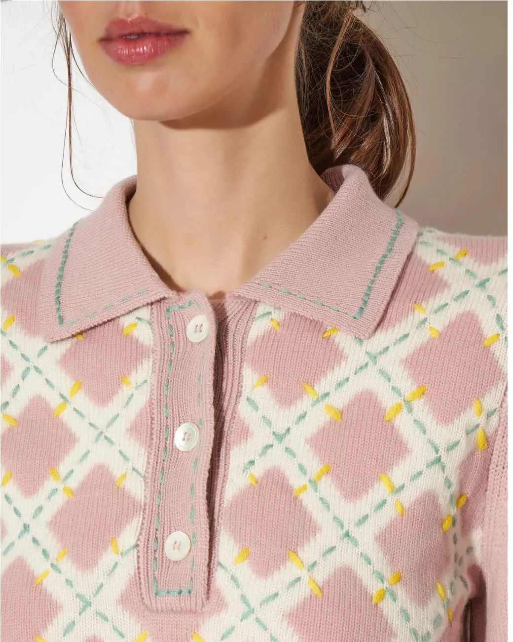 Paul & Joe Women's Glasgow Hand-embroidered Intarsia Knit Polo Sweater in Pink