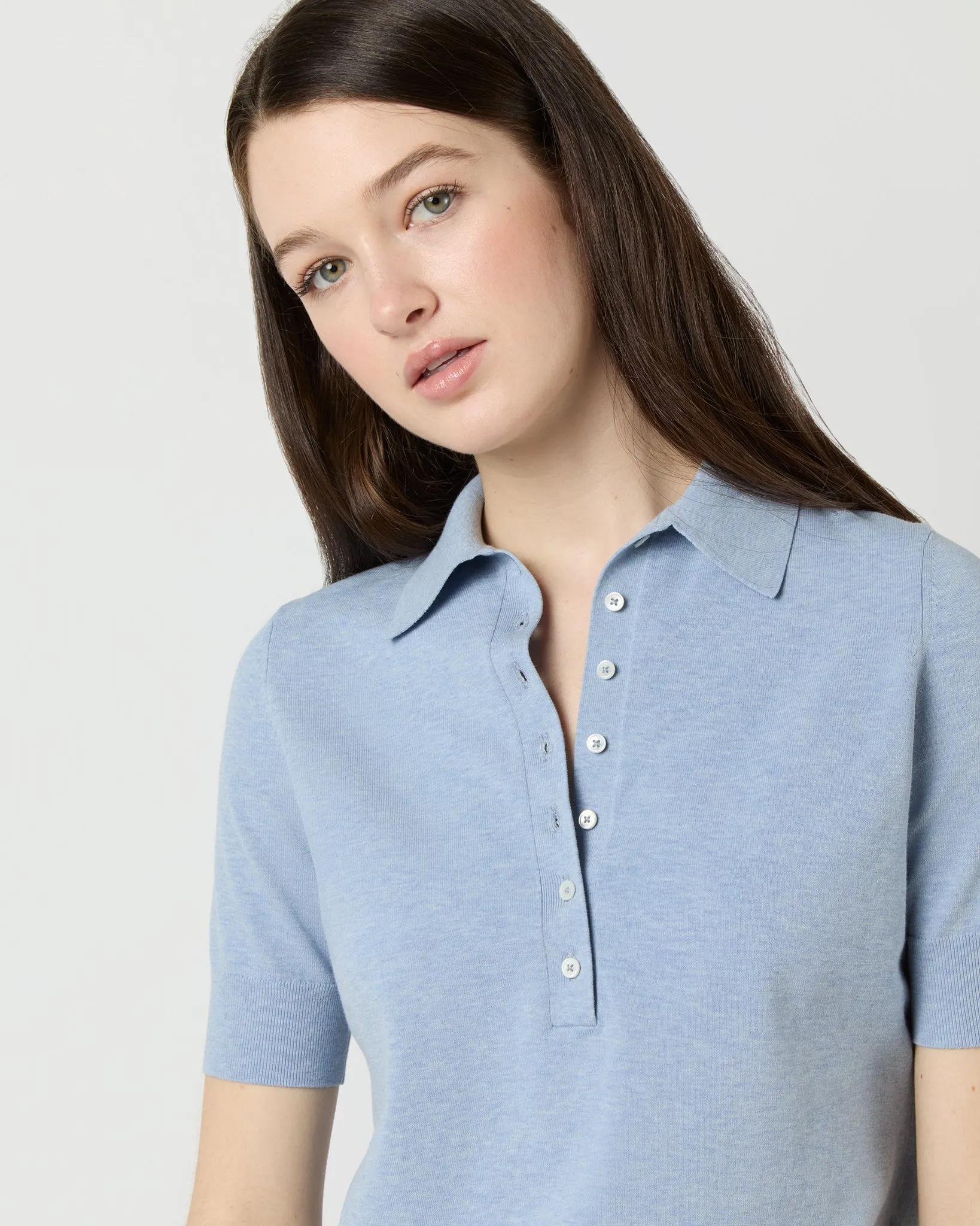 Tasha Polo Sweater in Pale Heather Sky Cotton