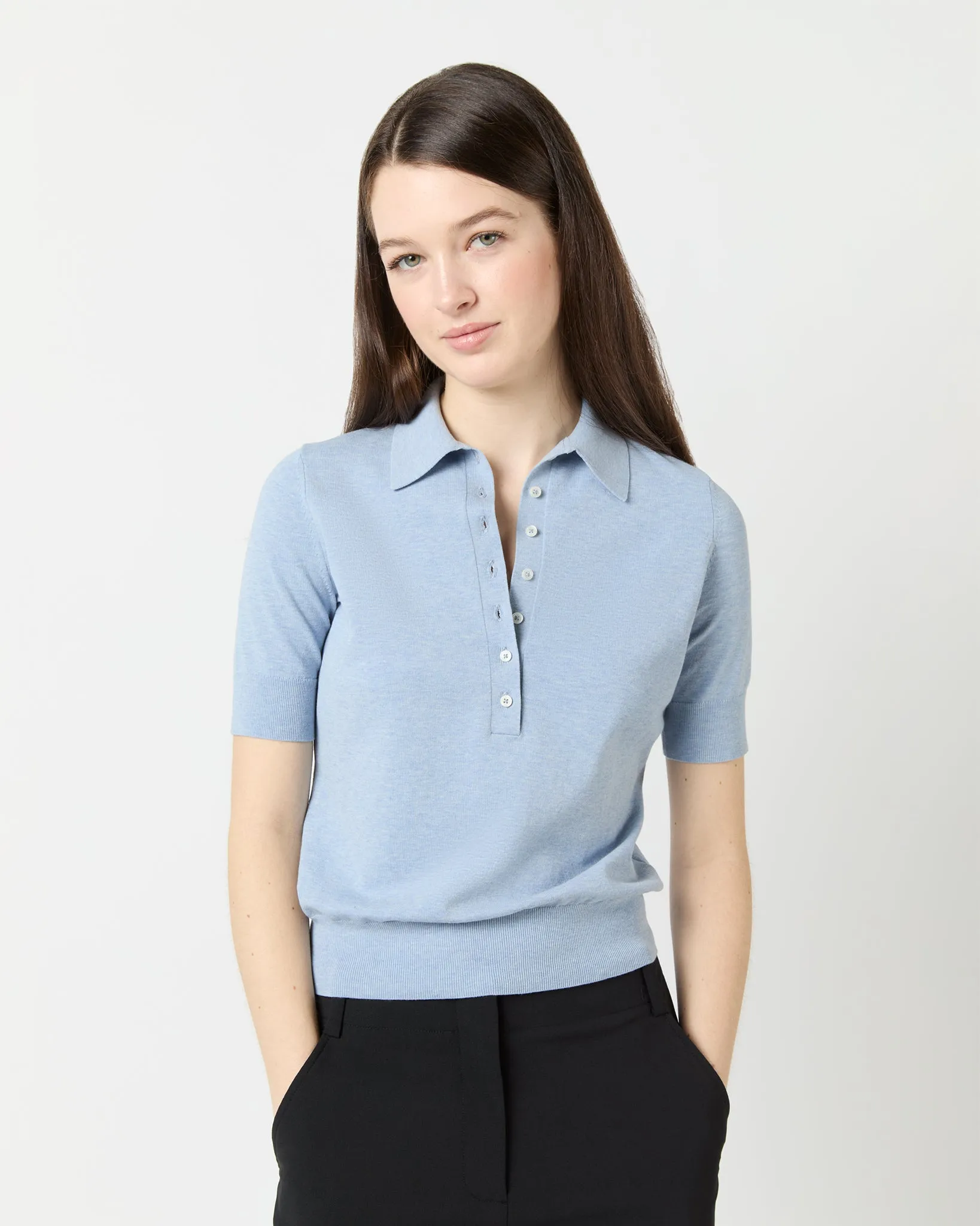 Tasha Polo Sweater in Pale Heather Sky Cotton