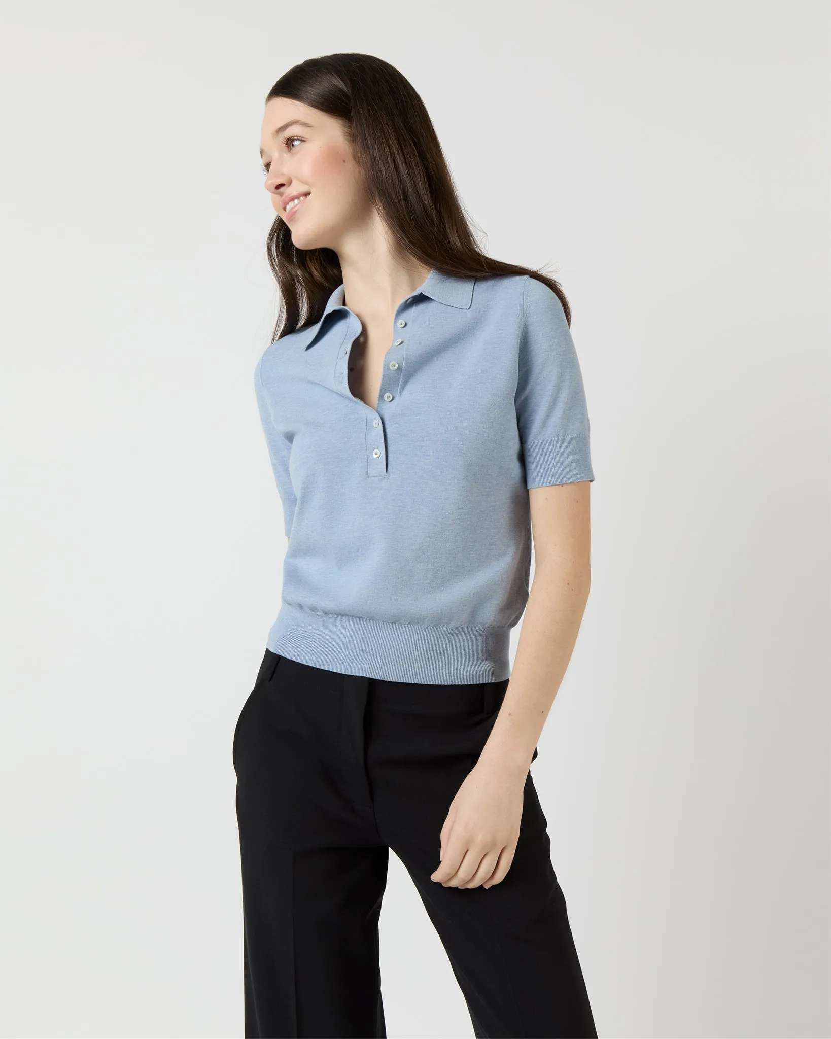Tasha Polo Sweater in Pale Heather Sky Cotton