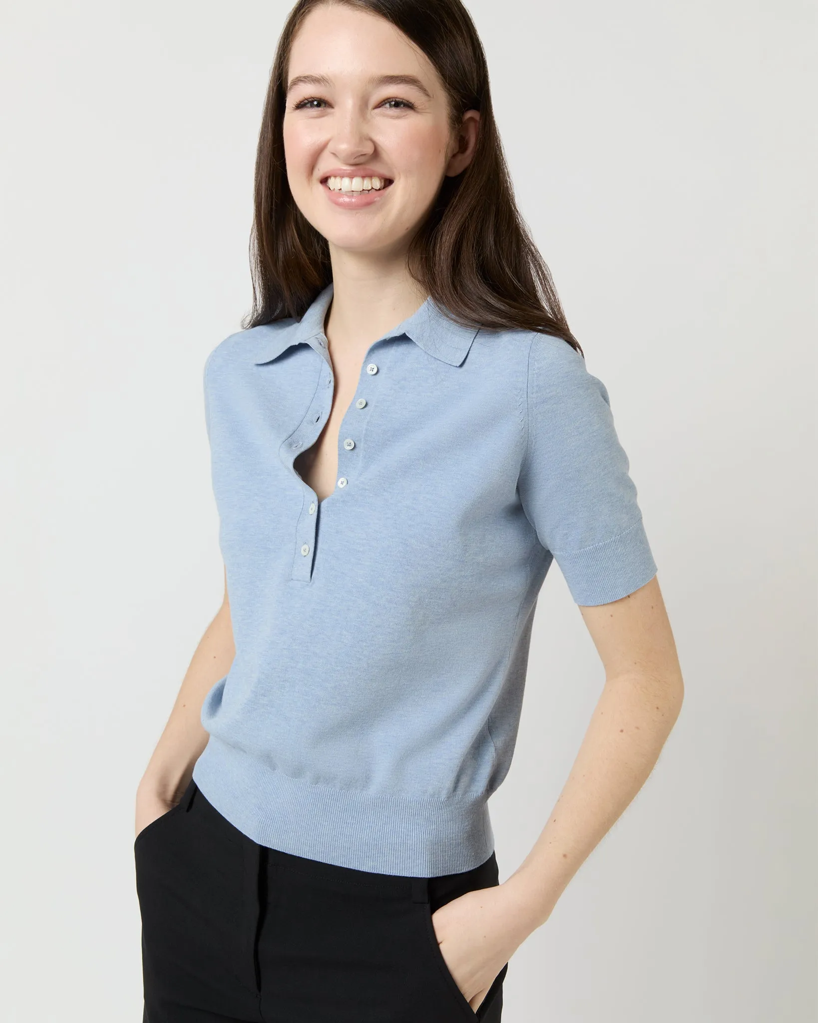 Tasha Polo Sweater in Pale Heather Sky Cotton