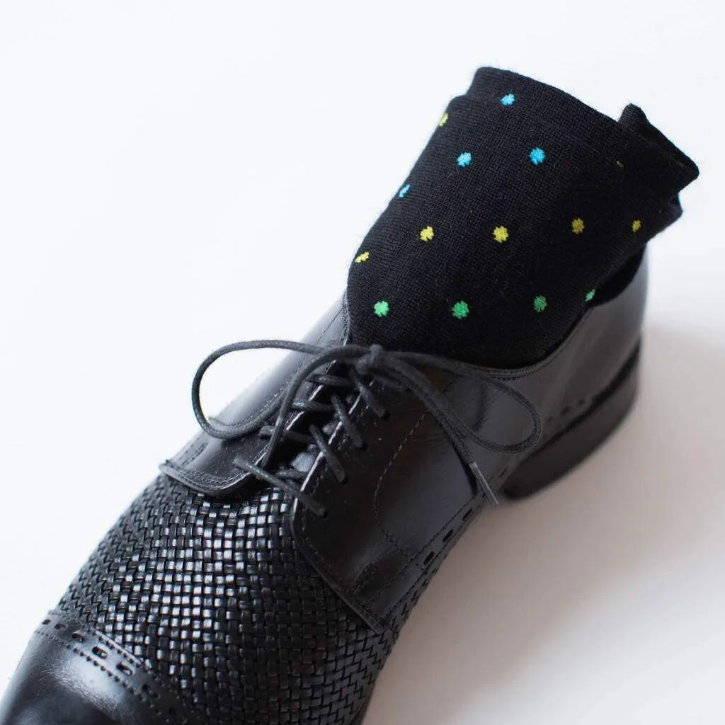 Tri-Color Dots on Black Merino Wool Over the Calf Dress Socks