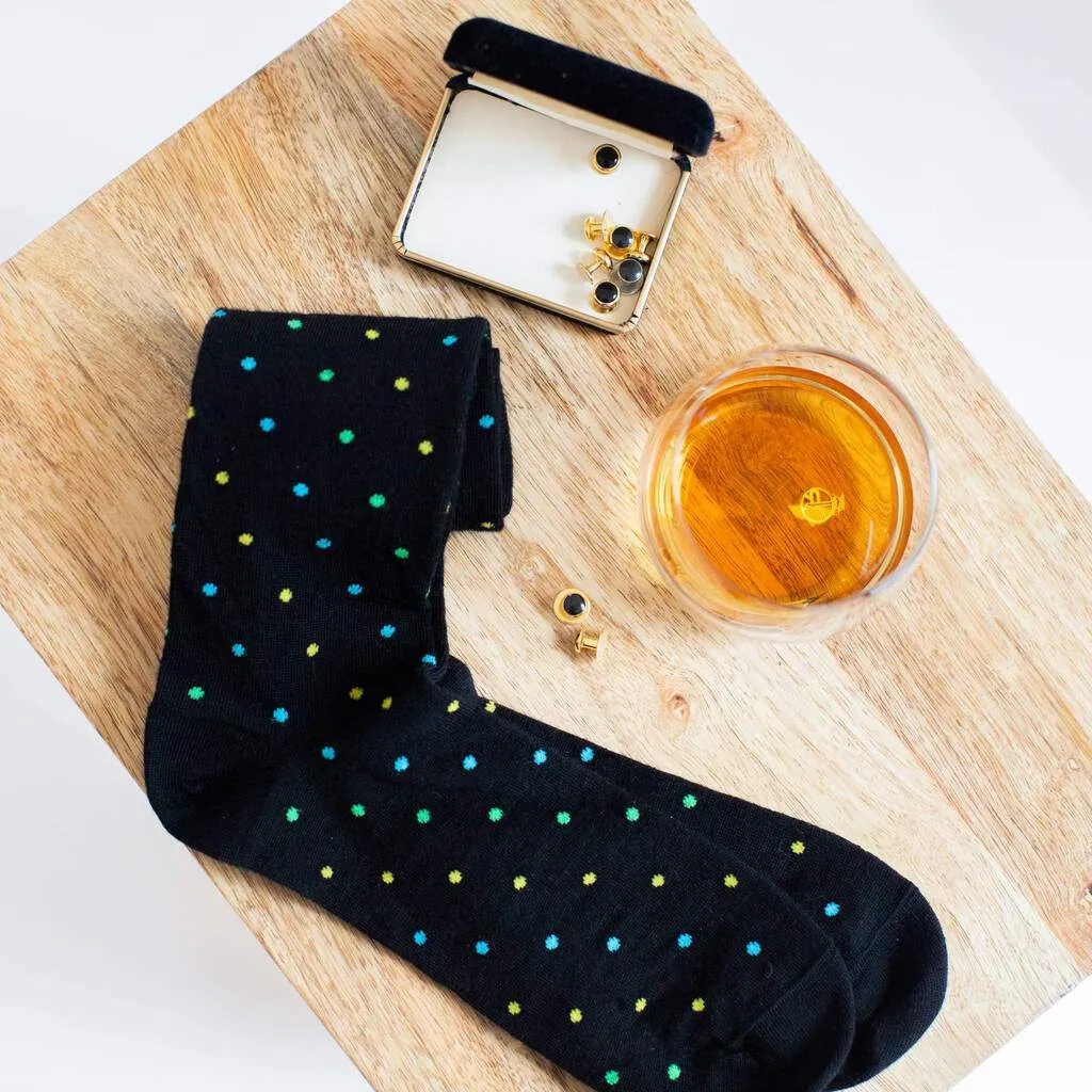 Tri-Color Dots on Black Merino Wool Over the Calf Dress Socks